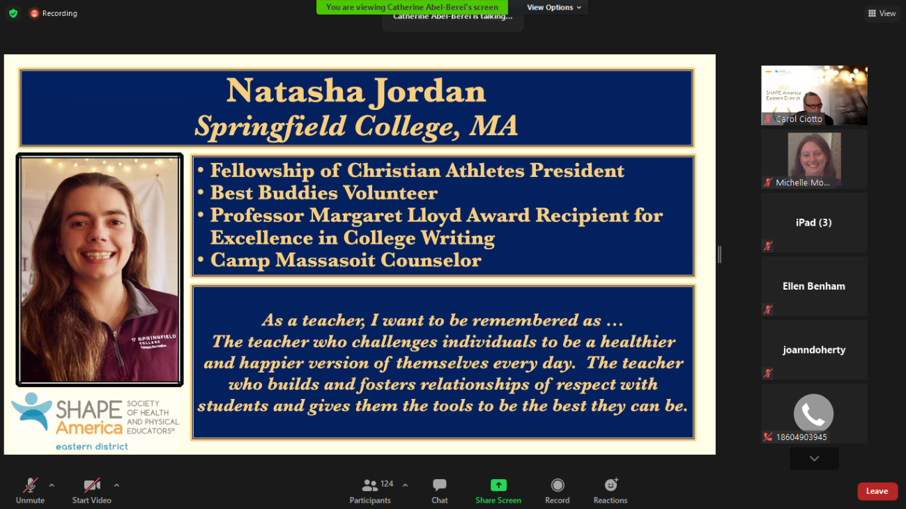 The Springfield College Department of Physical Education and Health Education (PEHE) was well represented at the 2021 Society of Health and Physical Educators (SHAPE) National Virtual Conference from April 13-17.