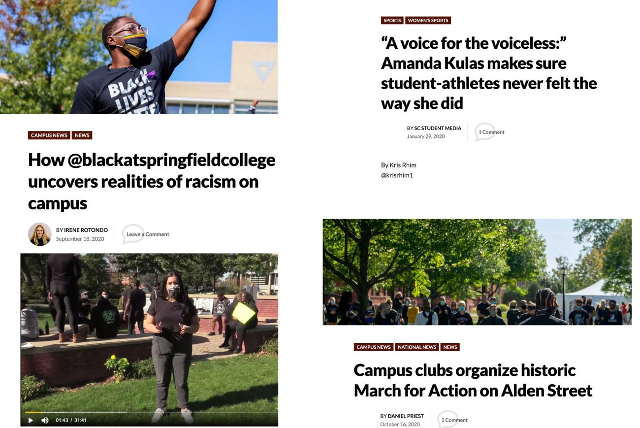 The Springfield College Department of Communications/Sports Journalism (COSJ) was recognized with multiple awards and honors at the recent Society of Professional Journalists (SPJ) Region 1 2020 Mark of Excellence (MOE) Awards virtual ceremony.