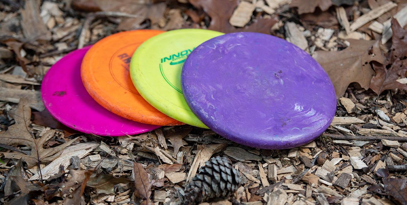 four colorful disc golf discs are placed in a row on the lefy ground at East Campus