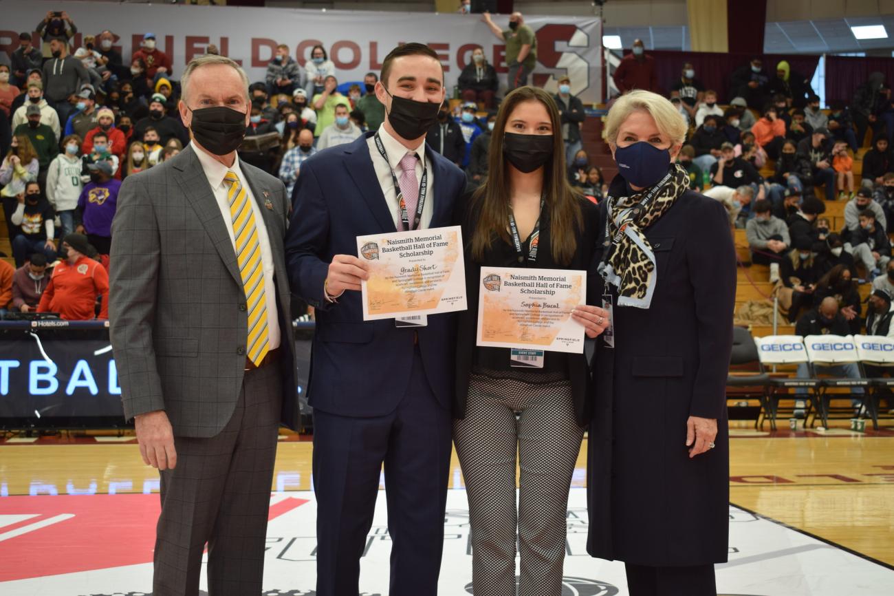 Springfield College and the Naismith Memorial Basketball Hall of Fame presented the ninth annual Naismith Memorial Basketball Hall of Fame Scholarship to Springfield College sport management students Grady Short and Sophia Bucal.