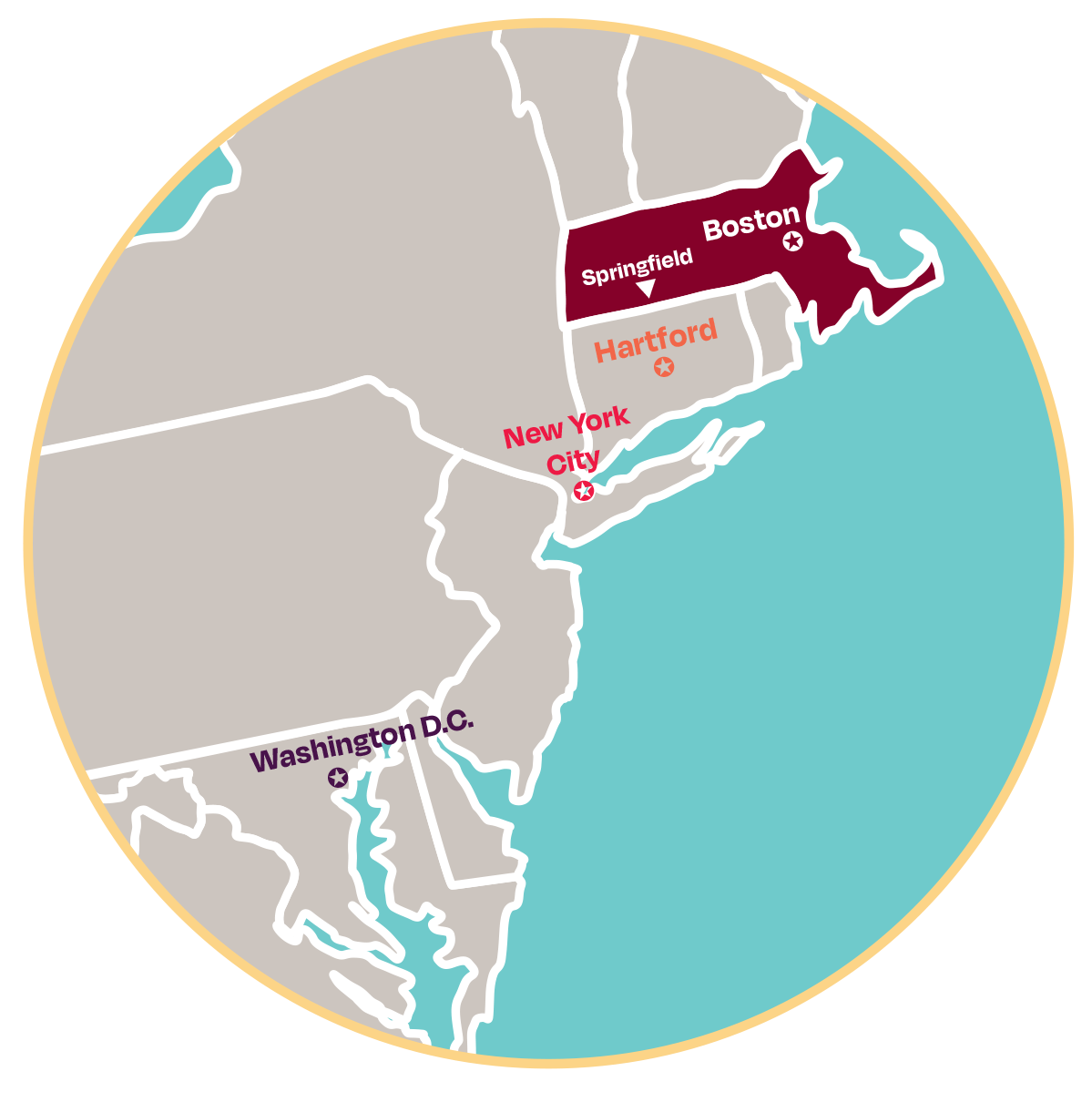 New England Map showing Springfield College in Massachusetts