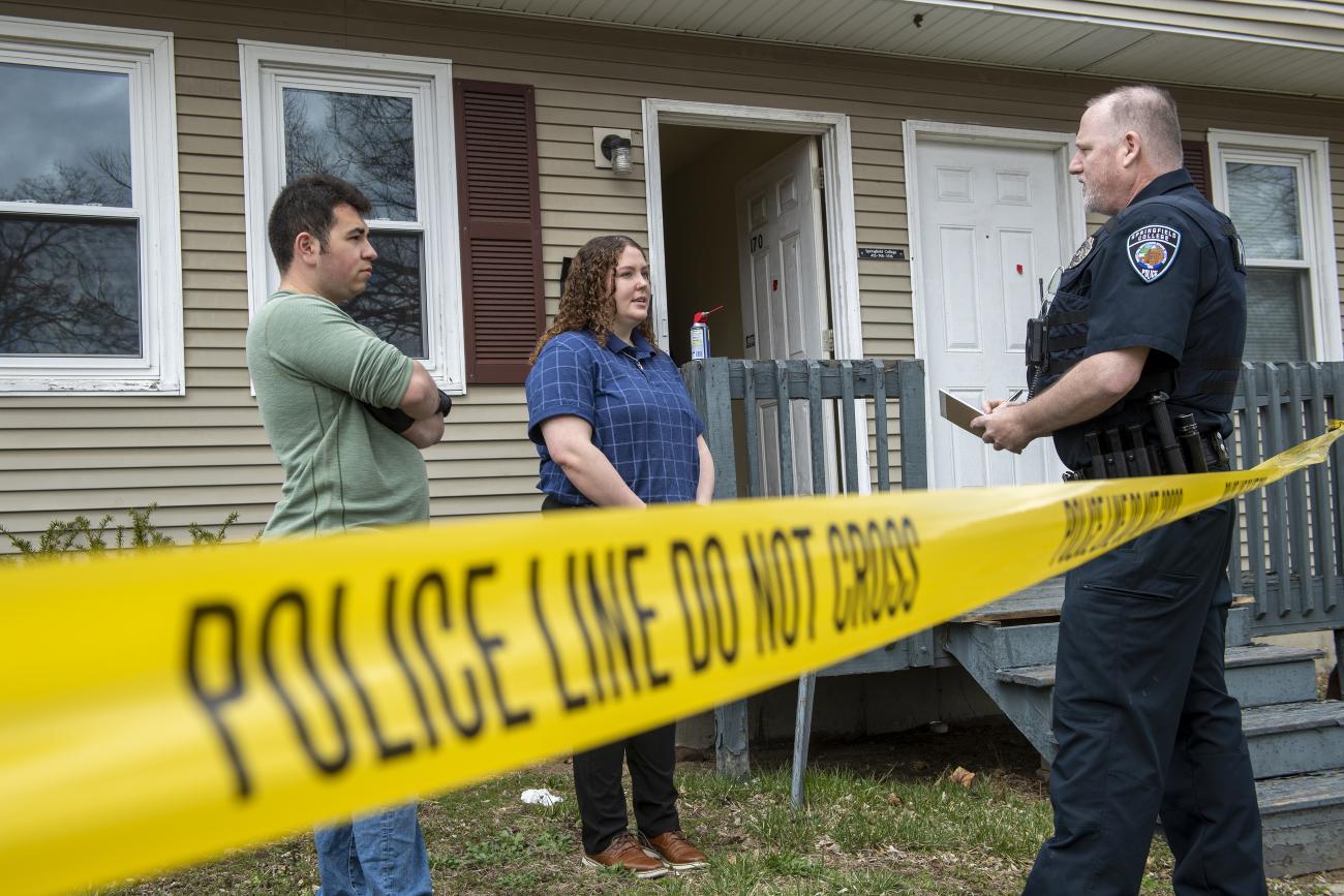 Springfield College criminal justice majors conduct a crime scene investigation lab with Professor John Barbieri on campus on Friday, April 8, 2022