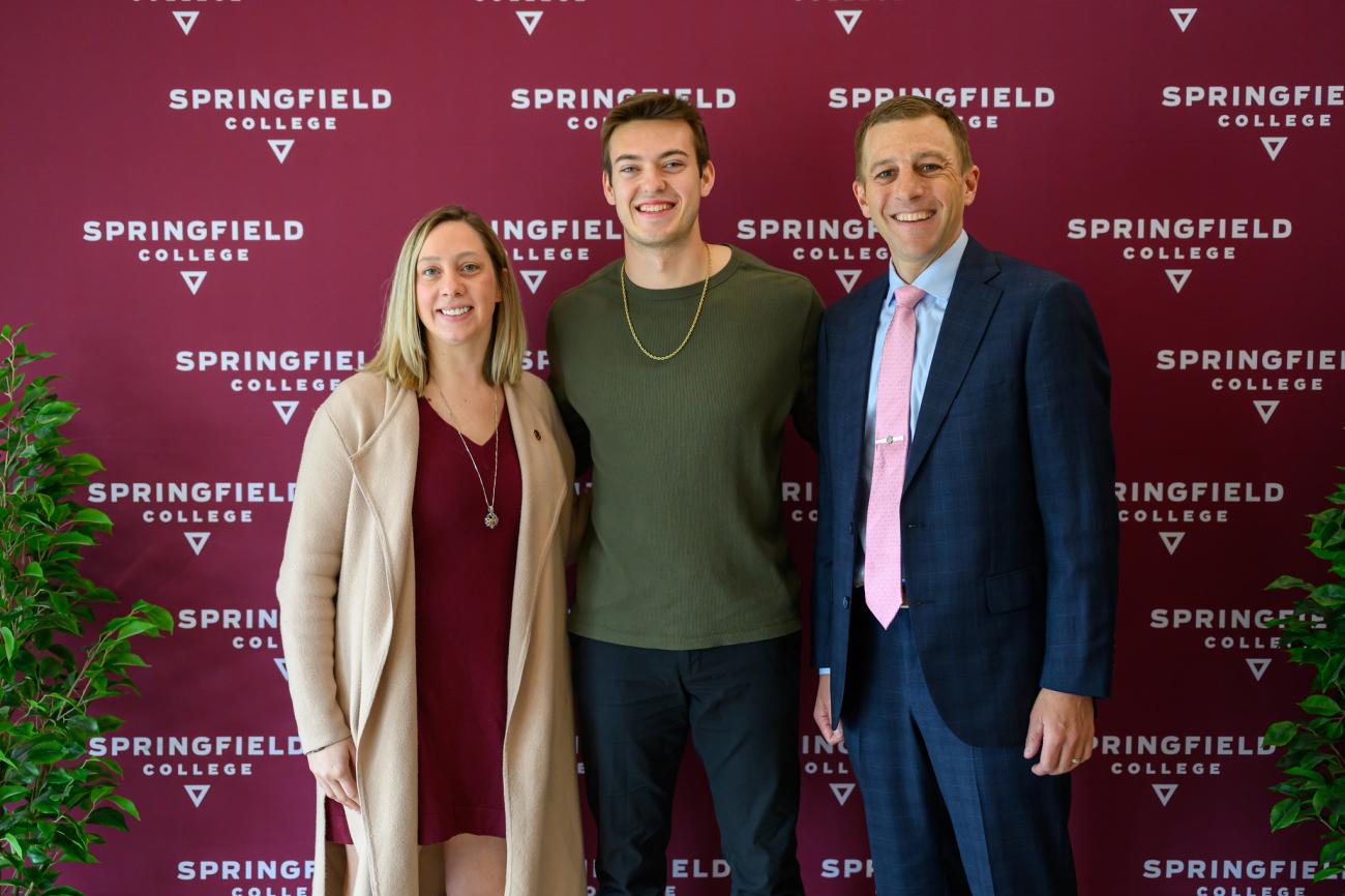 Springfield College student Connor Joyce '26 received the Molly Gorman Bourne ’05 Scholarship Award during Stepping Up Day ceremonies inside the Campus Union.