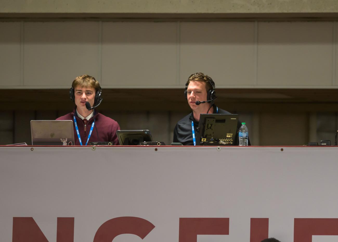 Dante Lafrate, left, a Springfield College student trustee and Communications and Sports Journalism major, works during the broadcast during the NCAA Division III Men’s Volleyball championship at Blake Arena in Springfield, Mass., on Thursday, April 23, 2026.