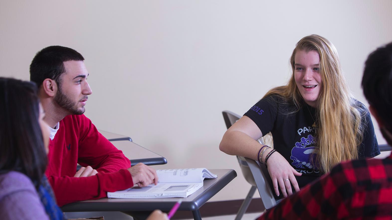 A group of students has a discussion in a classroom