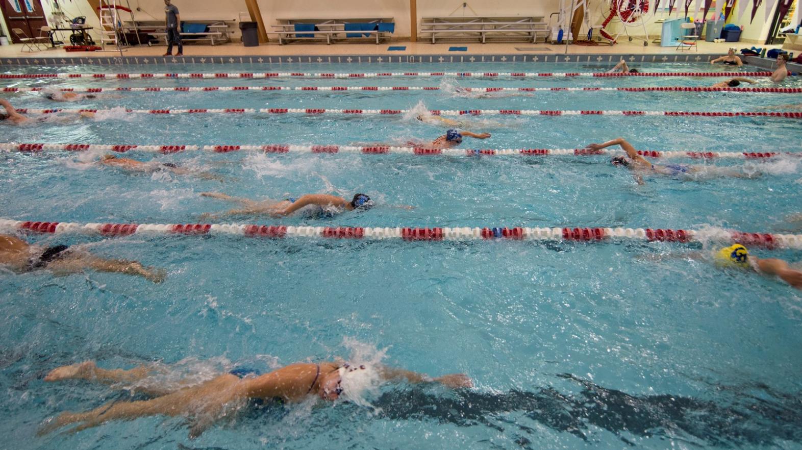 Members of the swim team take advantage of the Springfield College Art Linkletter Natatorium 