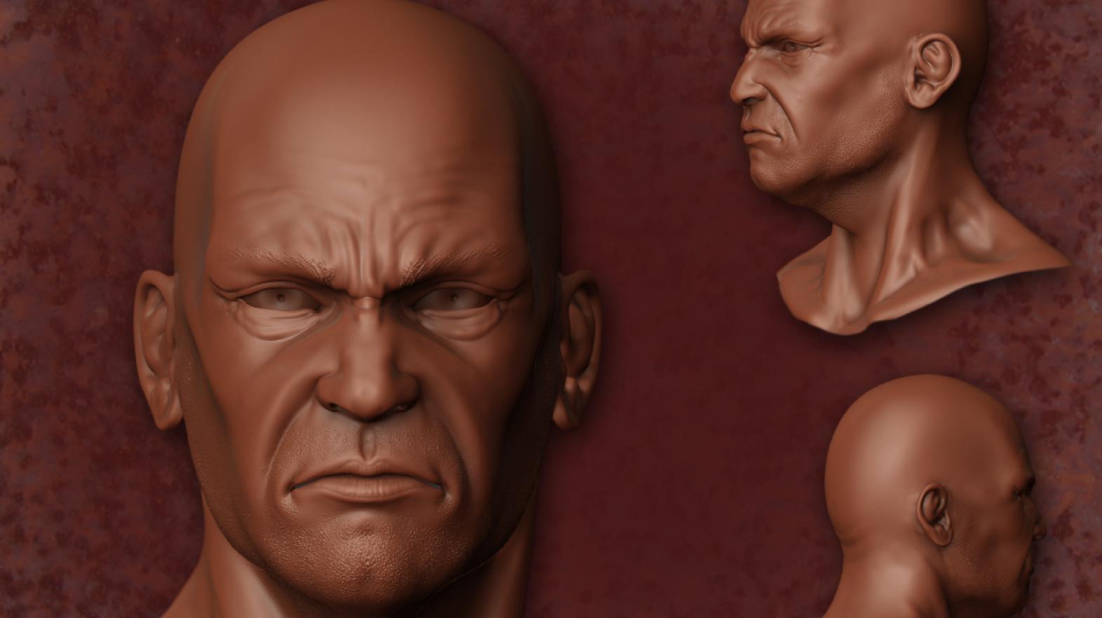A piece of student work depicting three renderings of a male's angry face.