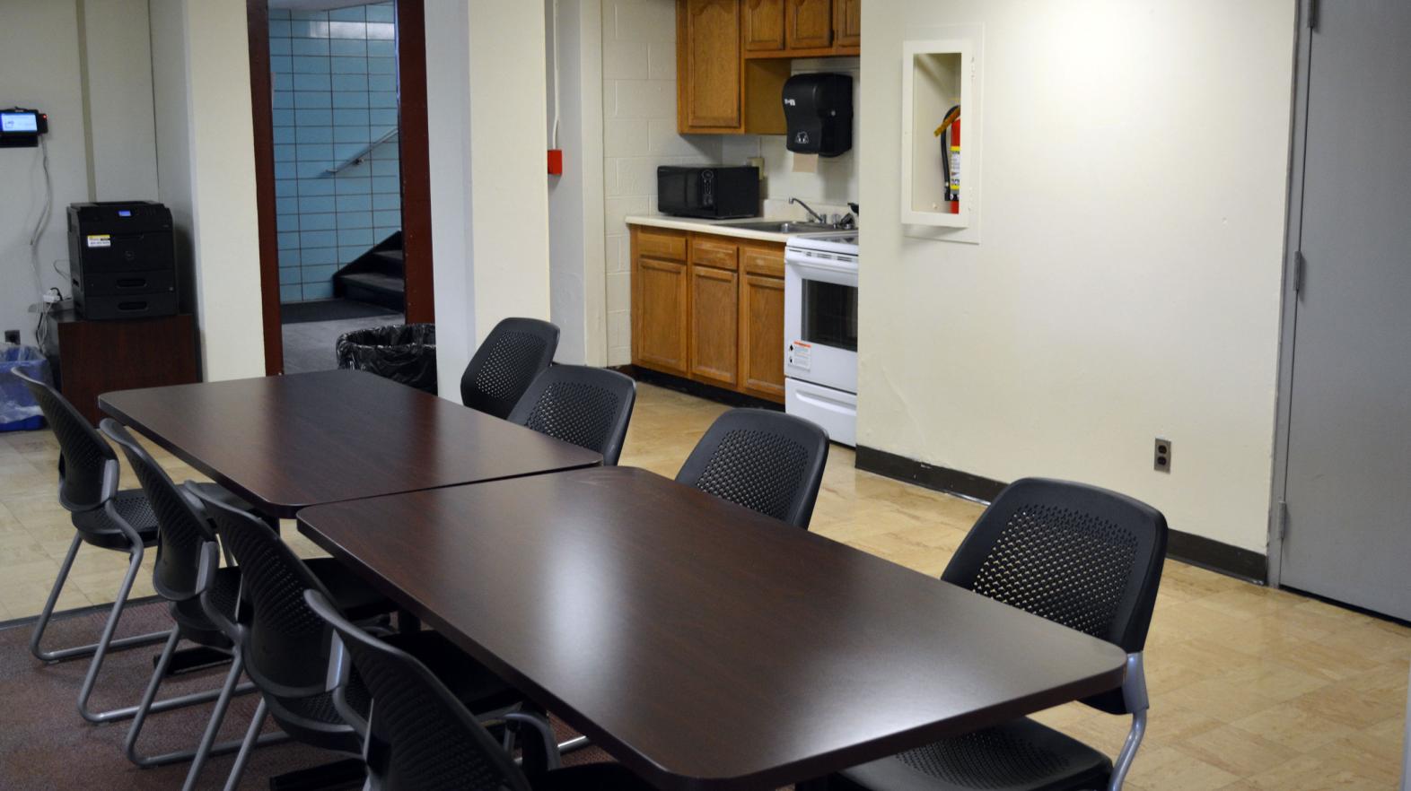 The common area, including kitchen, in Massasoit residence hall.