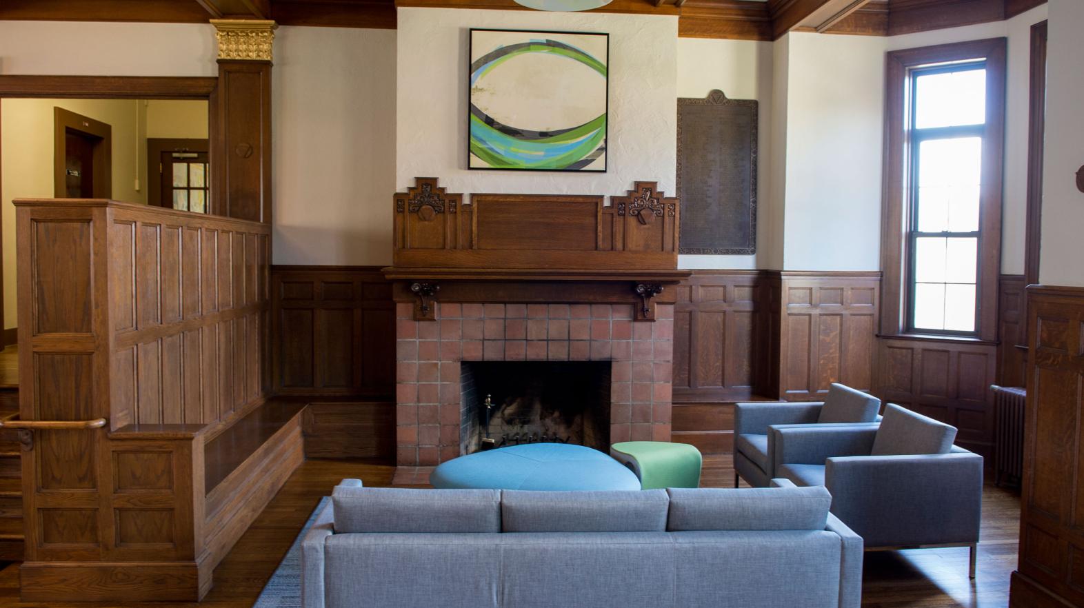 Carlisle Foyer, located in Alumni Hall, features a fireplace and lounge area for students.