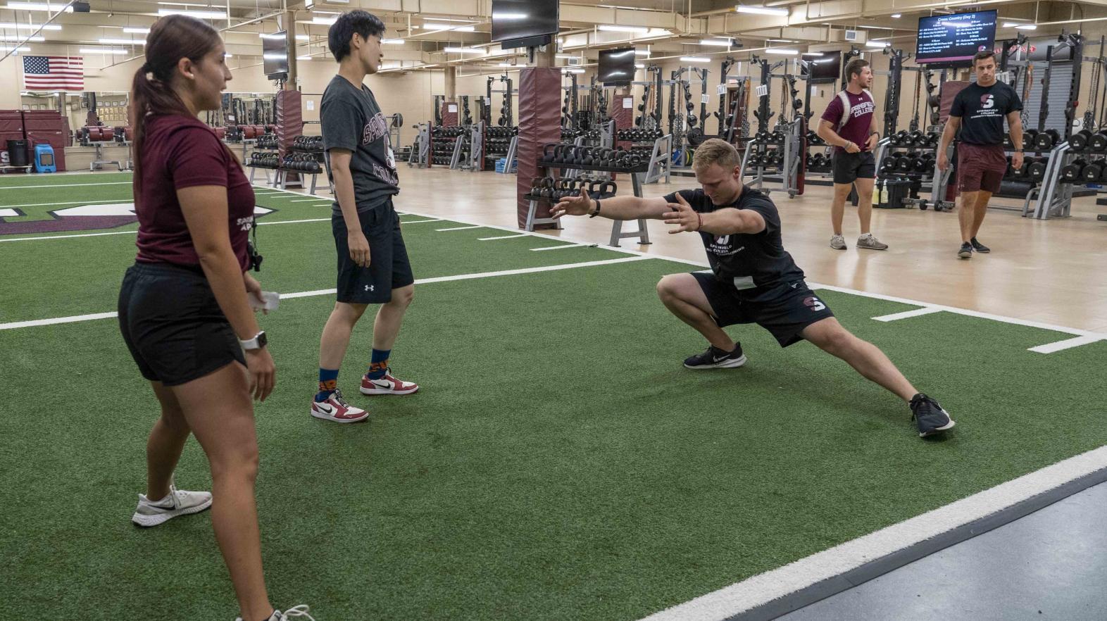 Springfield College strength and conditioning graduate students workout in the Strength and Conditioning room at Springfield College on August 25, 2022.