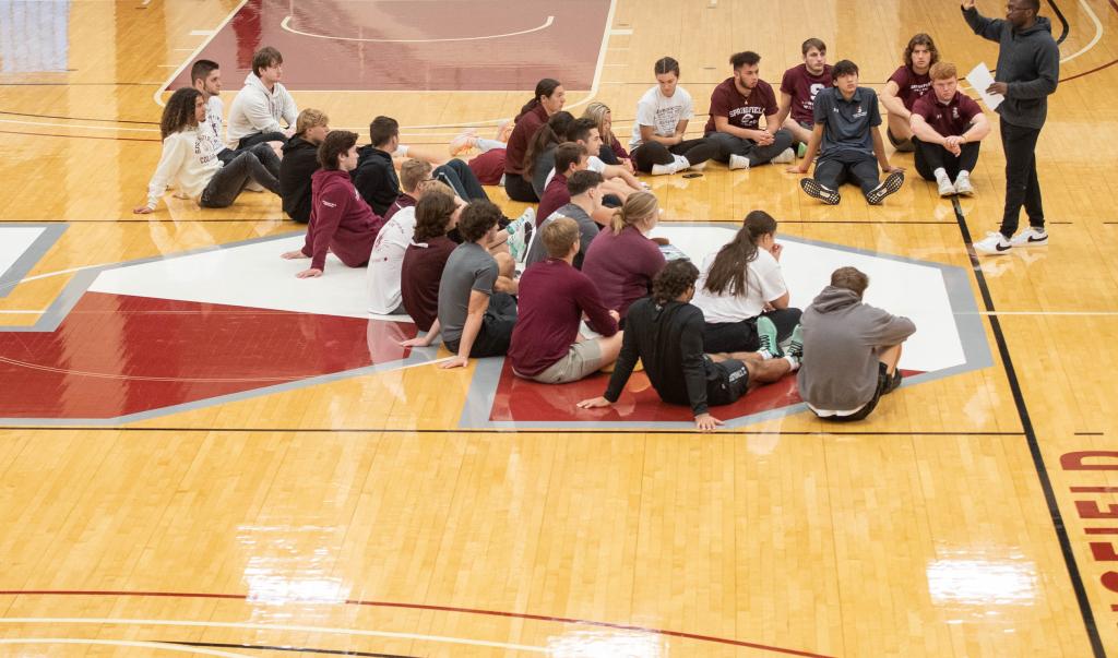 Springfield College Assistant Professor of Physical Education Korey Boyd conducts a PE lab inside Blake Arena