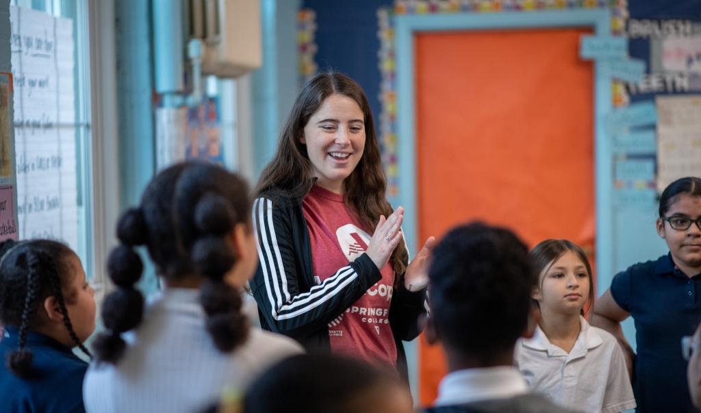 Springfield College student and AmeriCorps program member Caitlin Schult, an athletic counseling major, teaches a physical education class at White Street Elementary in Springfield