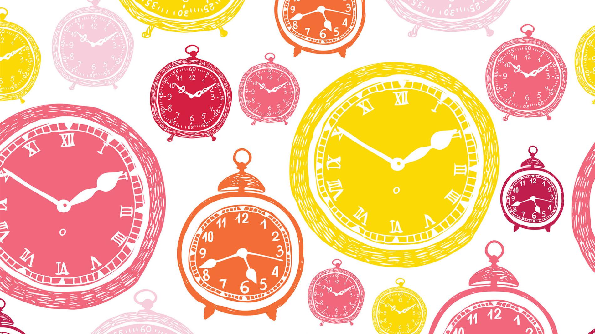 A pattern of cartoon clocks.