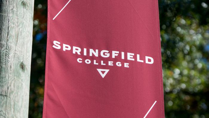 Springfield College banner flag on Alden Street