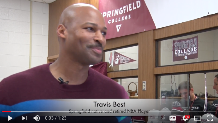 Springfield College VP for Communications/External Affairs Steve Roulier talks with Springfield native and former NBA player Travis Best about the excitement of the Hoophall Classic and playing at Blake Arena!