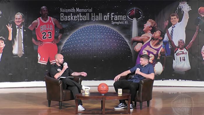 At left, Springfield College Instructor of Communications Kyle Belanger once again hosts the Naismith Memorial Basketball Hall of Fame 60 Days of Summer program, which consists of 60 consecutive days of family oriented interactive museum programming at the Naismith Memorial Basketball Hall of Fame.