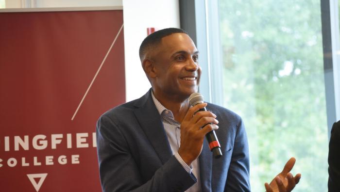 Grant Hill speaks at Springfield College. 