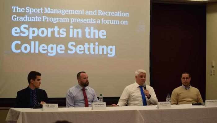 Panelists included Rich Linley, a Springfield College Sport Management student, Kyle Magoffin, an administrator and coach at Mahar Regional High School, Alan Ritacco, the dean of the School of Design and Technology at Becker College, and Ariel Rodriguez, the program director of recreation management at Springfield College.