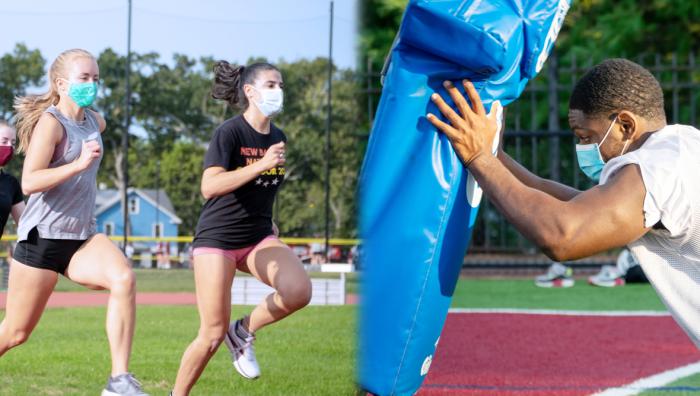 Two female athletes run on the track with masks on, while a male football player completes a drill with his mask on