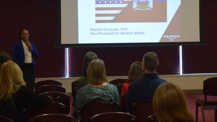 On Thursday, Feb. 10, Slandie Dieujuste, PhD, Springfield College Vice President for Student Affairs, hosted a presentation titled, "The Haitian Diaspora: The Art of Thriving Between Two Worlds and Cultures."